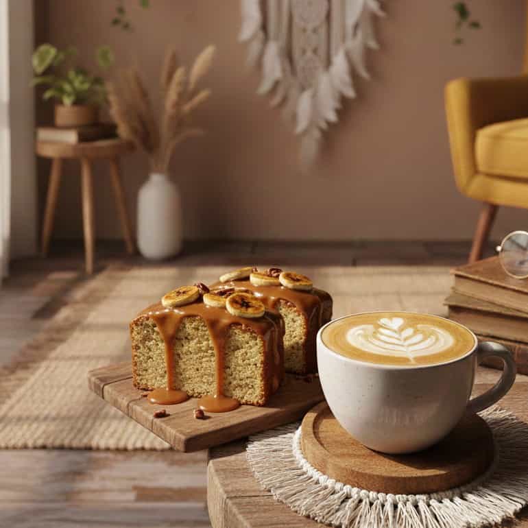Hot Caffe Latte With Banana Caramel Slice Cake